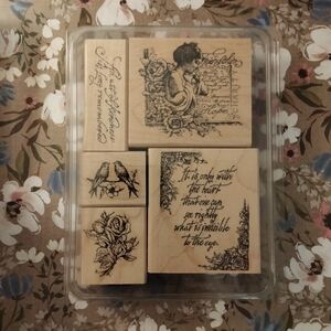 Vintage Wooden Stamp Set with Floral and Bird Designs